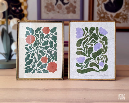 Flowers Linocut Print Green & Orange "Lace Garden" ✷ Original Linocut Print