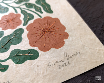Flowers Linocut Print Green & Orange "Lace Garden" ✷ Original Linocut Print