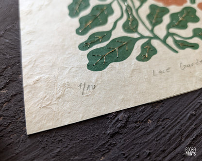 Flowers Linocut Print Green & Orange "Lace Garden" ✷ Original Linocut Print