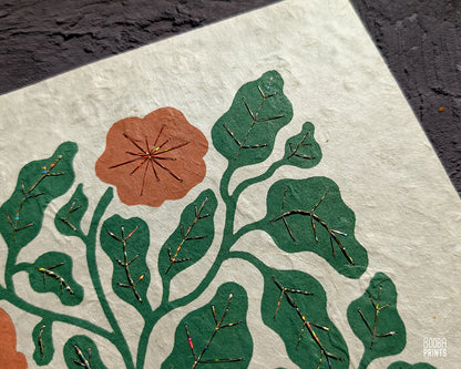 Flowers Linocut Print Green & Orange "Lace Garden" ✷ Original Linocut Print