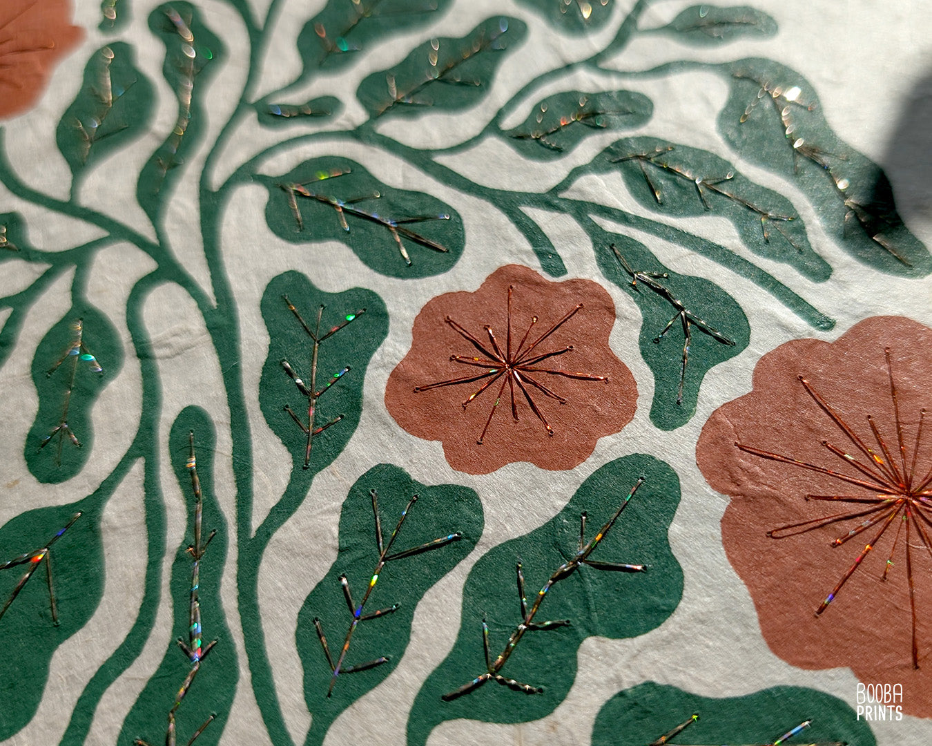 Flowers Linocut Print Green & Orange "Lace Garden" ✷ Original Linocut Print