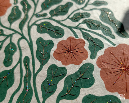 Flowers Linocut Print Green & Orange "Lace Garden" ✷ Original Linocut Print