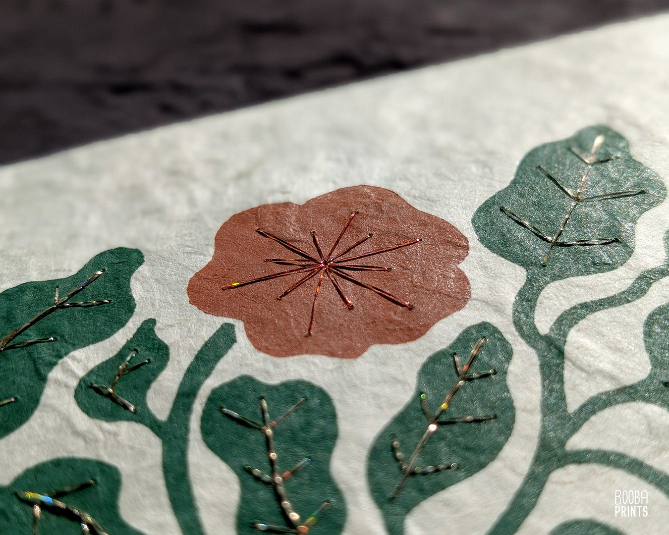 Flowers Linocut Print Green & Orange "Lace Garden" ✷ Original Linocut Print
