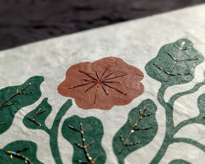 Flowers Linocut Print Green & Orange "Lace Garden" ✷ Original Linocut Print