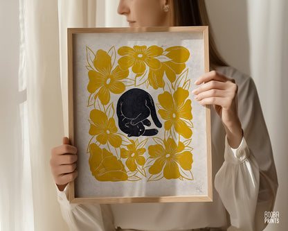 Handmade linocut print of lazy cat and yellow flowers. Original handmade linocut print of black cat. cute cat print. Cat lover print for gallery wall. wall art print. Art by Booba Prints