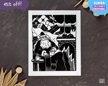 Handmade linocut print of Santa Cat Person. Original hand printed in black ink and finished with peach paint. Print for the holiday, christmas home decor. Santa Claus and Christmas print, gift for the holiday. Art by Booba Prints