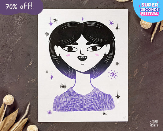 Vampire Girl Halloween Vibe Linocut Print - 70% Off