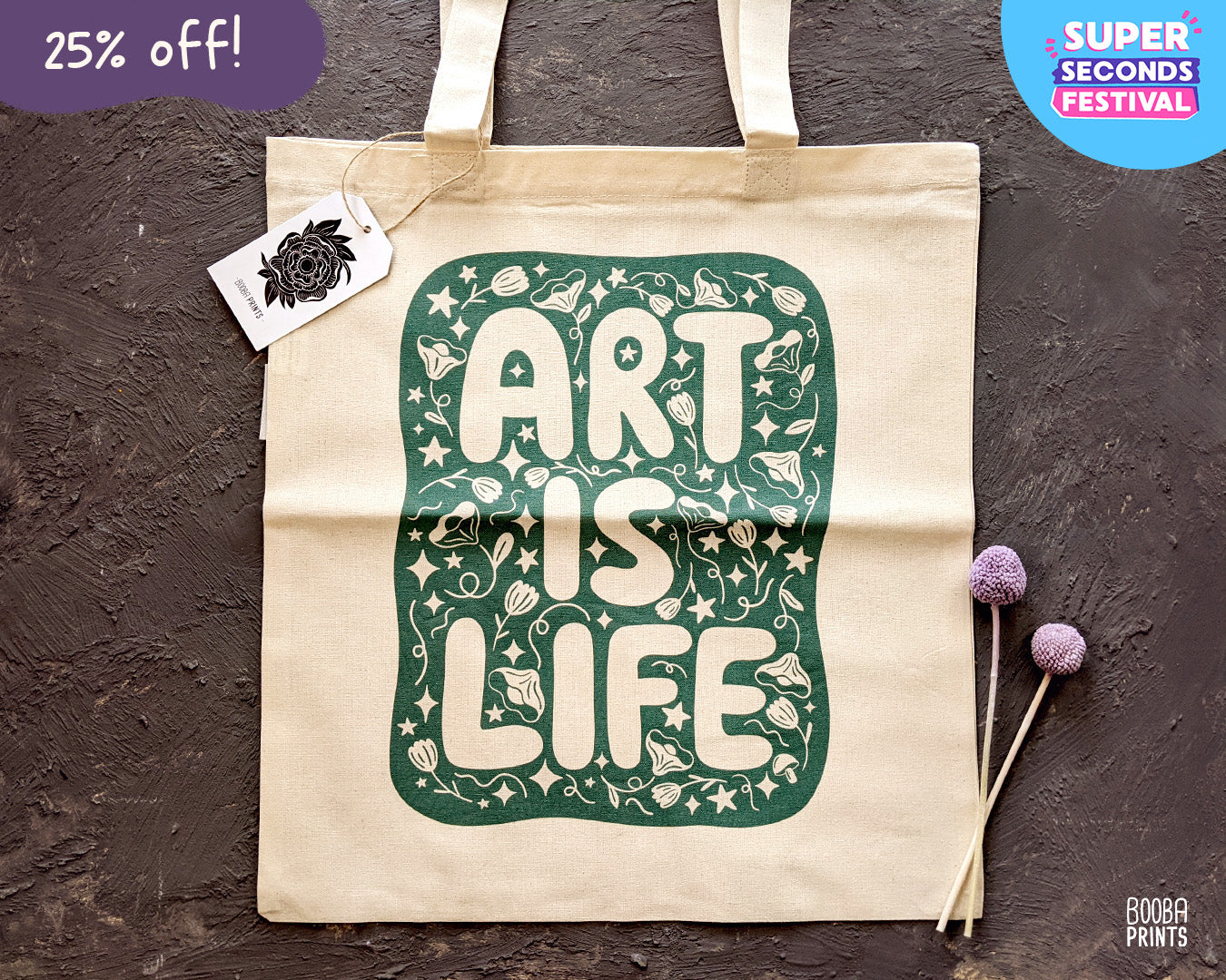 Art Is Life organic tote bag, original design printed in green on organic cotton tote bag, everyday bag, errands bag, gift for artists, art lover gift, printed digitally by a local vendor. Art by Booba Prints.
💙 This print is part of Super Seconds Festival where I sell samples and seconds in reduced prices in up to 70% off. Some prints have imperfections, and some prints are samples that never found the right home.
