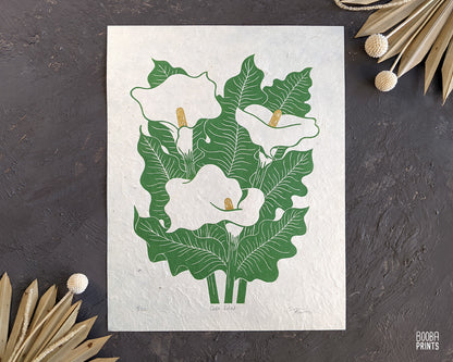 Original handmade linocut print, Calla Lilies floral design, mixed media piece, printed with green oil based ink and finished with metallic gold paint, printed on Lokta paper, flower lover gift, floral print for home decor, elegant art for home decor, art by Booba Prints