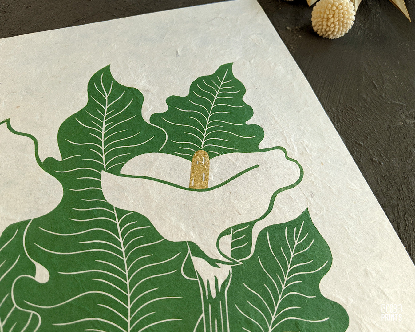 Original handmade linocut print, Calla Lilies floral design, mixed media piece, printed with green oil based ink and finished with metallic gold paint, printed on Lokta paper, flower lover gift, floral print for home decor, elegant art for home decor, art by Booba Prints