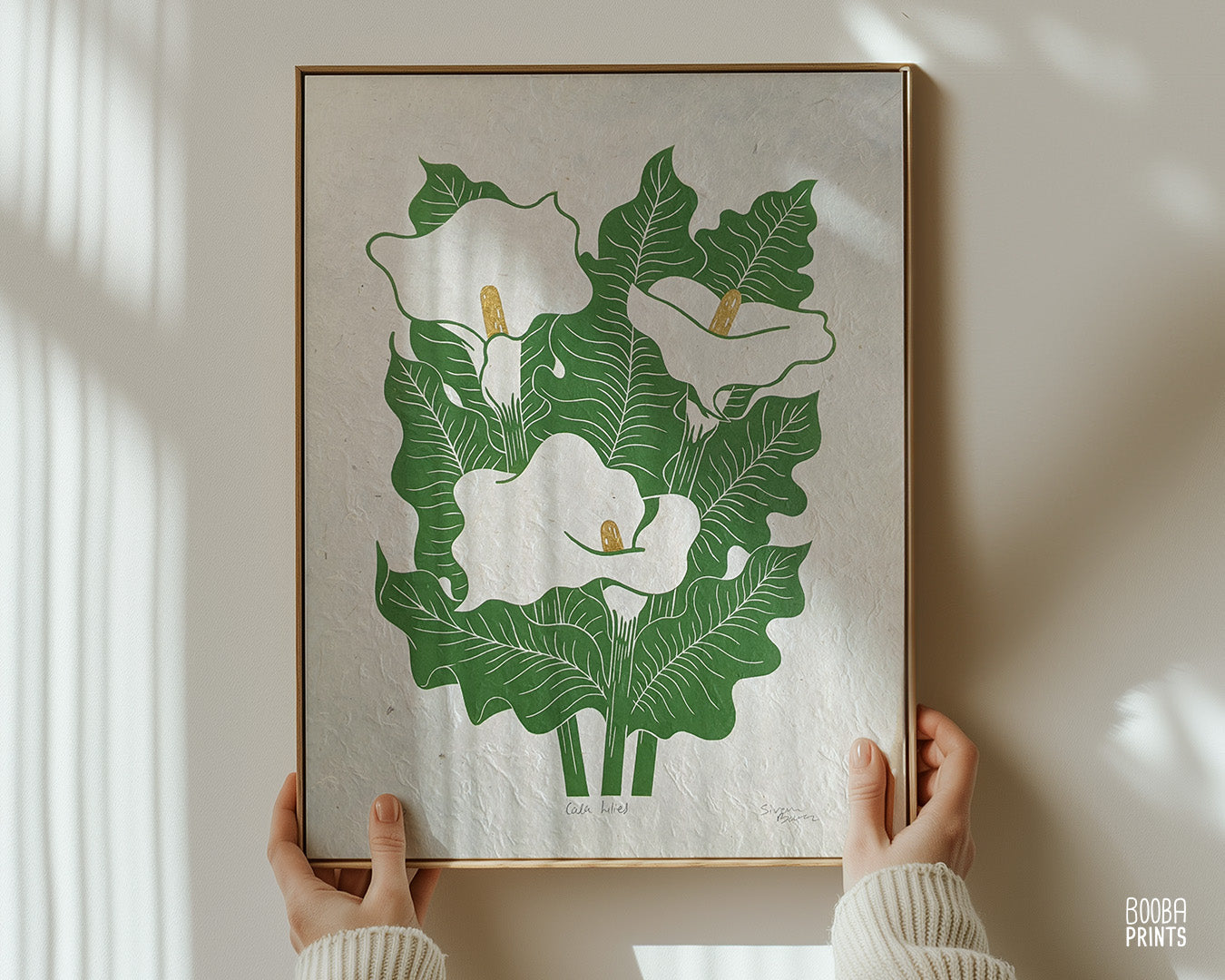 Original handmade linocut print, Calla Lilies floral design, mixed media piece, printed with green oil based ink and finished with metallic gold paint, printed on Lokta paper, flower lover gift, floral print for home decor, elegant art for home decor, art by Booba Prints