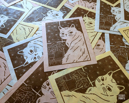 Cat In The Window Original Linocut Print