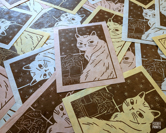 Cat In The Window Original Linocut Print