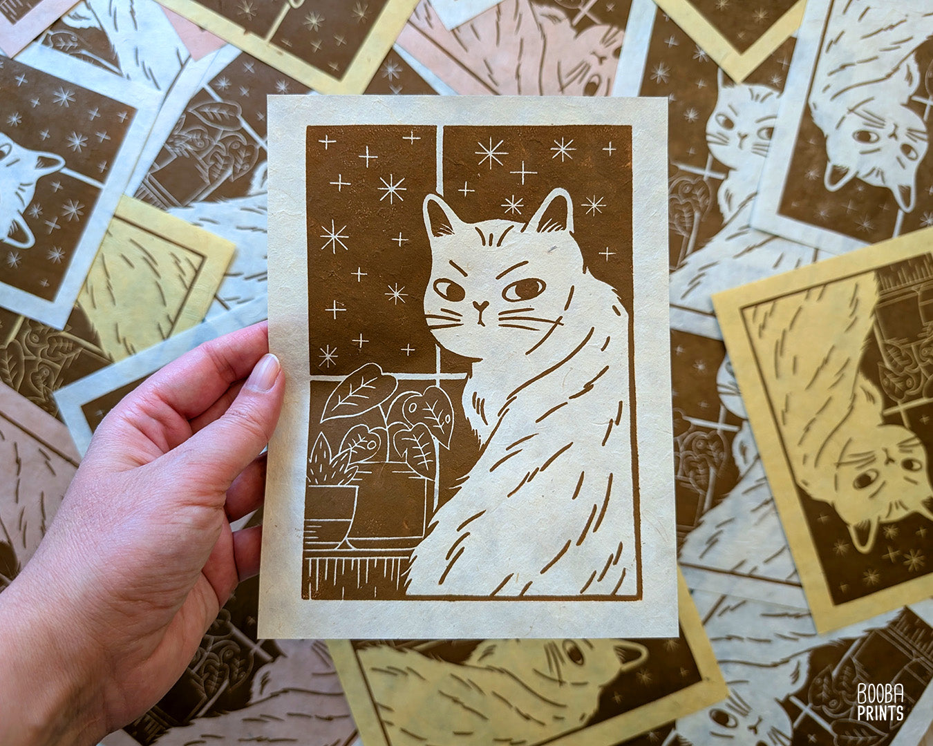 Cat In The Window Original Linocut Print