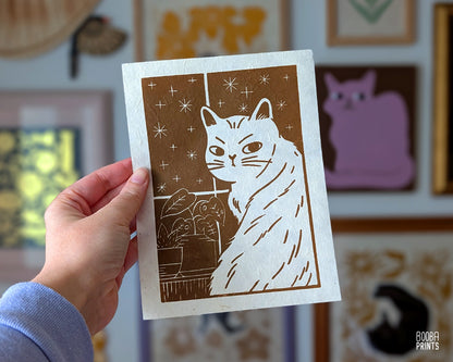 Cat In The Window Original Linocut Print