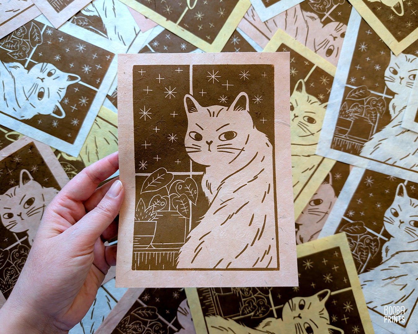 Cat In The Window Original Linocut Print