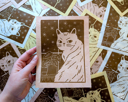 Cat In The Window Original Linocut Print