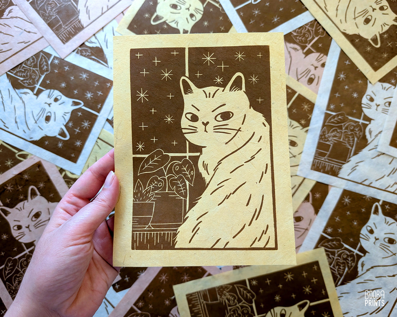 Cat In The Window Original Linocut Print