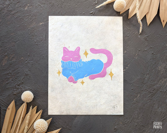 Cozy Cat Linocut Print ✷ Cozy Animals Series