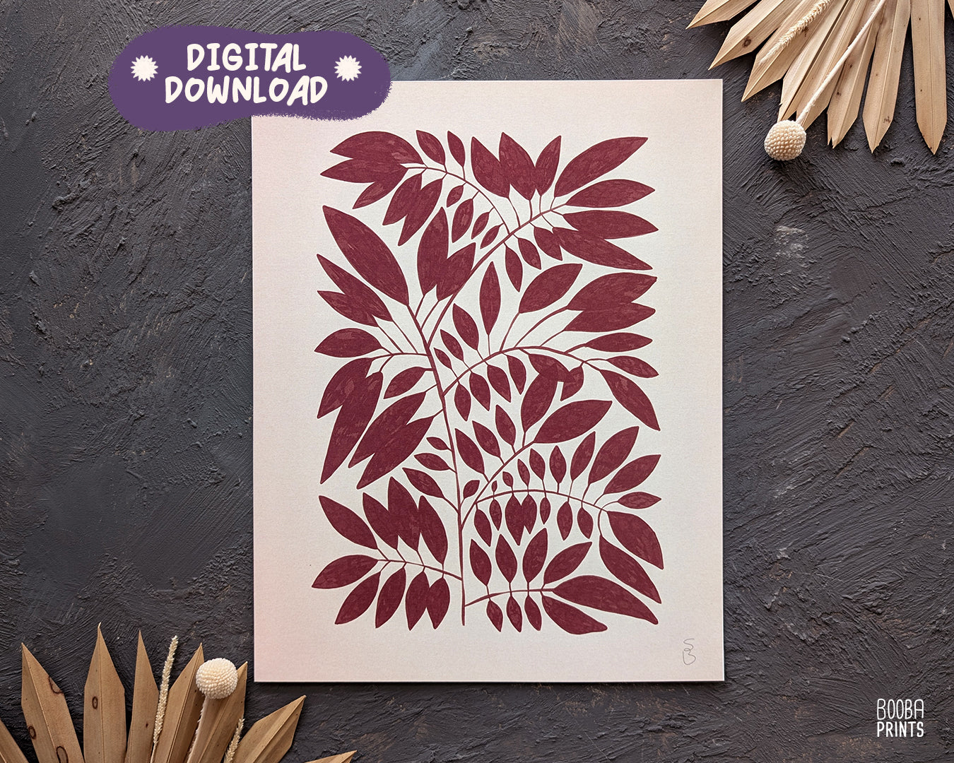 Minimalist Dark Red Plant Print Living Room Art ✷ (Digital Download)