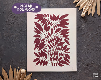 Minimalist Dark Red Plant Print Living Room Art ✷ (Digital Download)