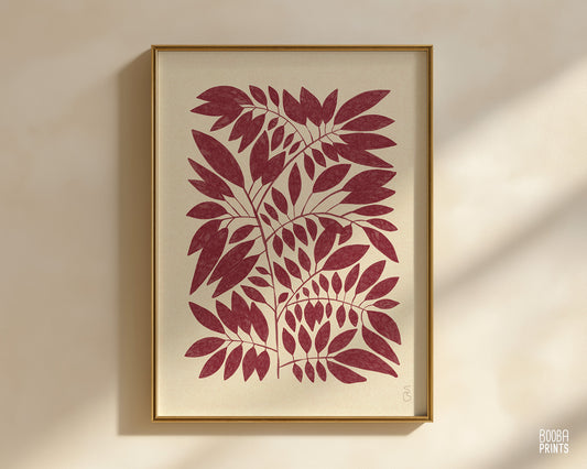 Minimalist Dark Red Plant Print Living Room Art ✷ (Digital Download)