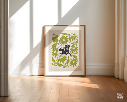 Cutie Dog & Green Flowers ✷ Dog Lover Linocut Print