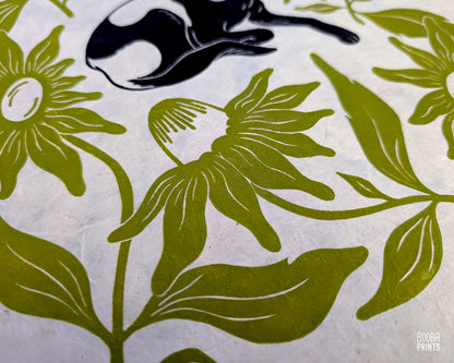 Cutie Dog & Green Flowers ✷ Dog Lover Linocut Print