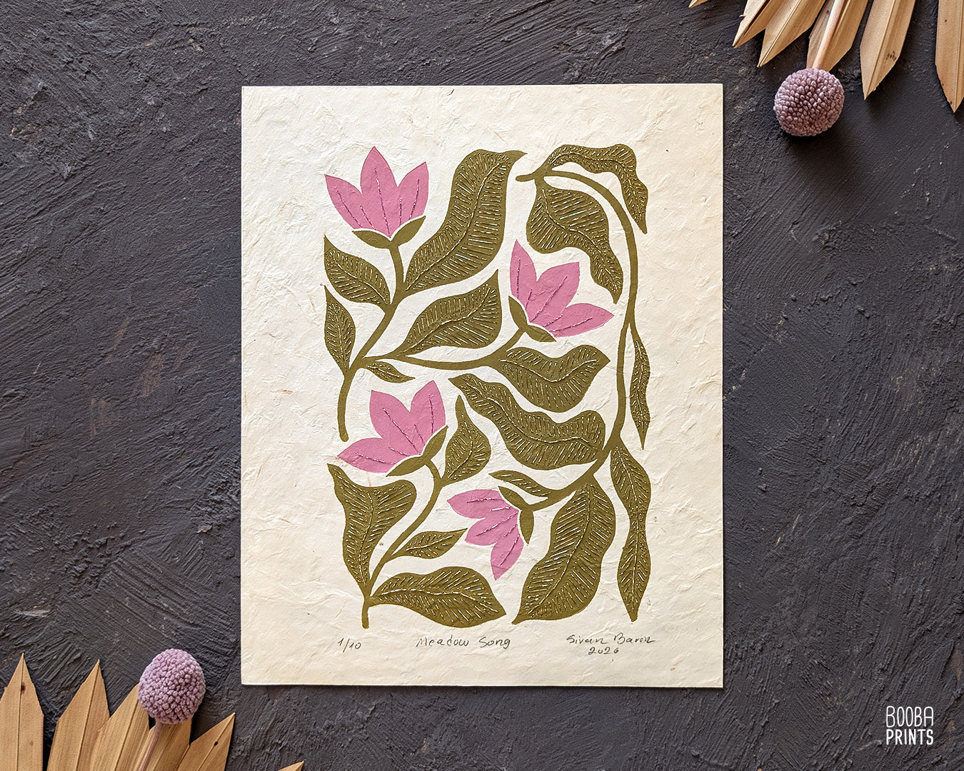 Floral Linocut Print Green & Pink "Meadow Song" ✷ LIMITED EDITION