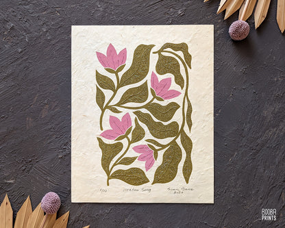 Floral Linocut Print Green & Pink "Meadow Song" ✷ LIMITED EDITION
