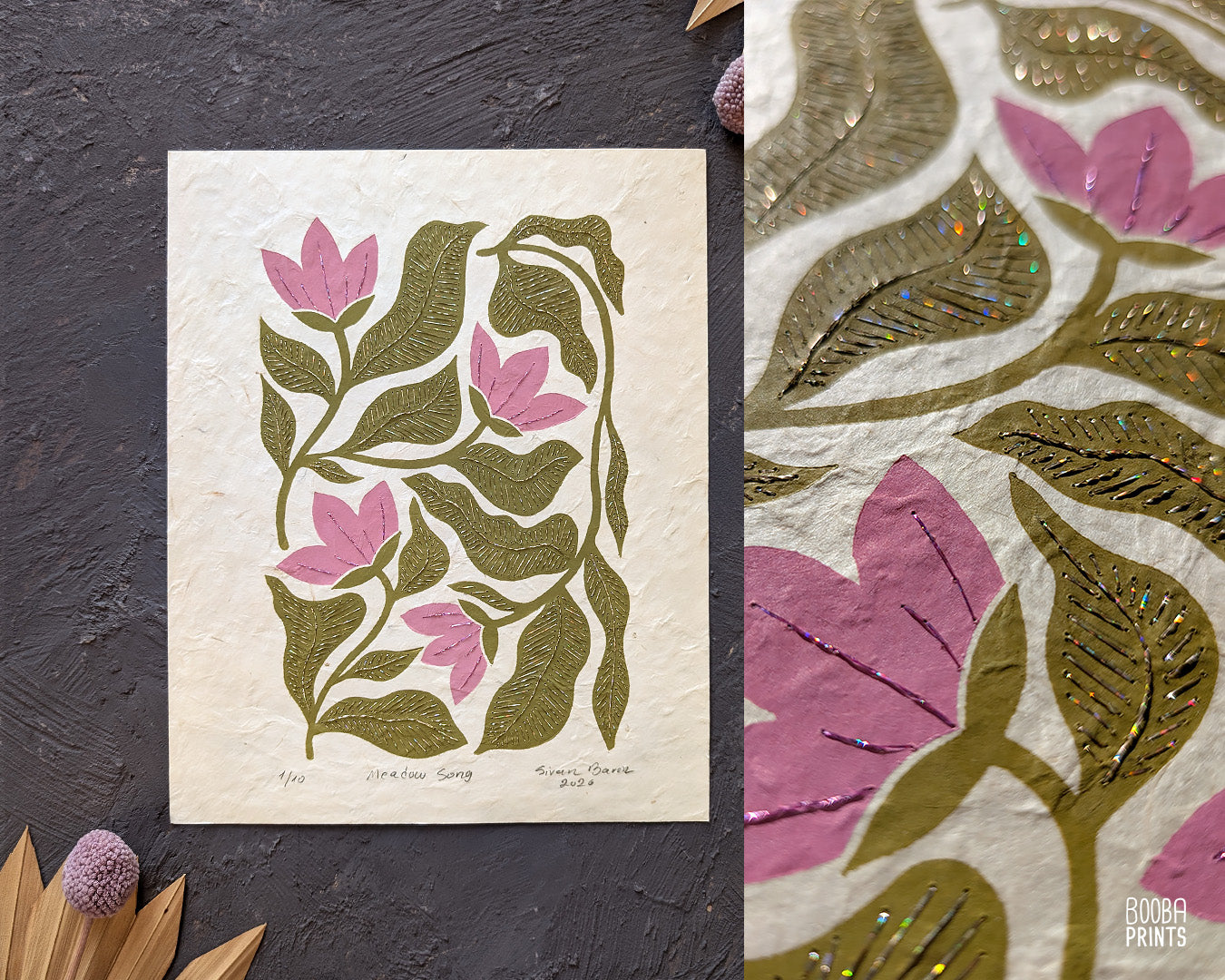 Floral Linocut Print Green & Pink "Meadow Song" ✷ LIMITED EDITION