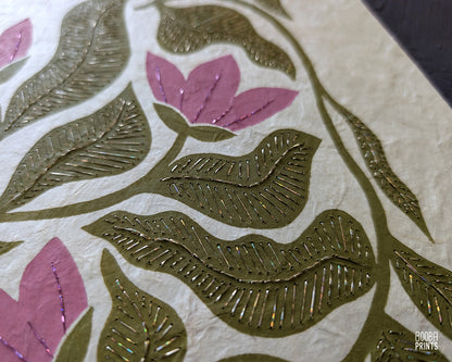 Floral Linocut Print Green & Pink "Meadow Song" ✷ LIMITED EDITION