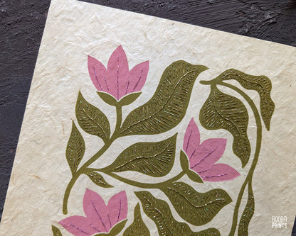Floral Linocut Print Green & Pink "Meadow Song" ✷ LIMITED EDITION