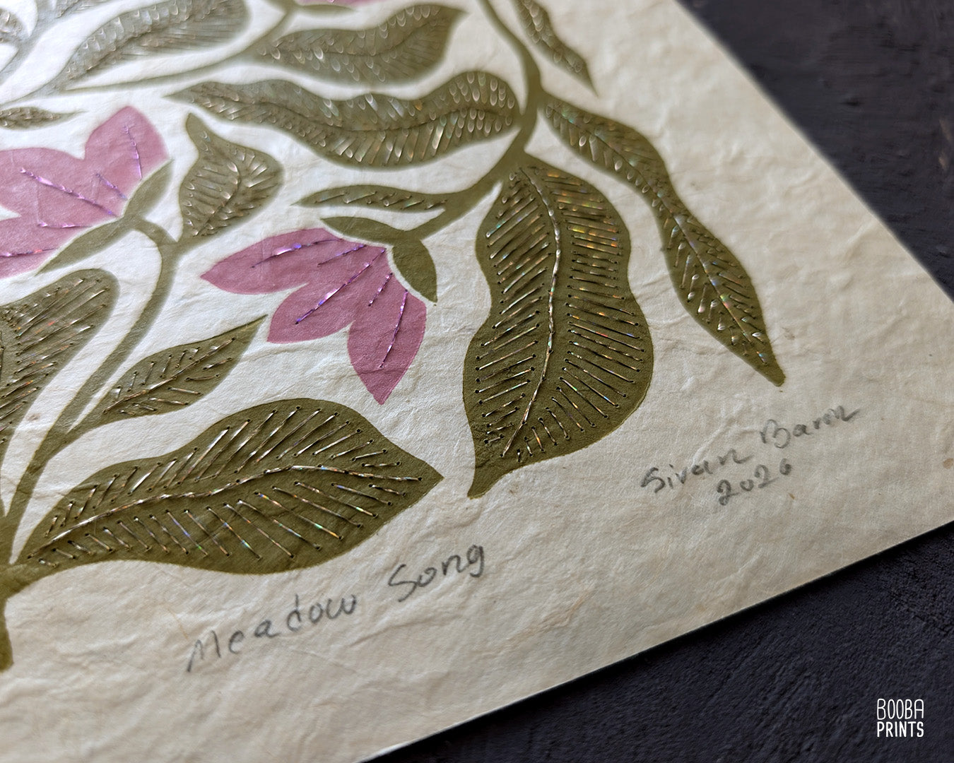 Floral Linocut Print Green & Pink "Meadow Song" ✷ LIMITED EDITION