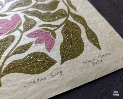 Floral Linocut Print Green & Pink "Meadow Song" ✷ LIMITED EDITION