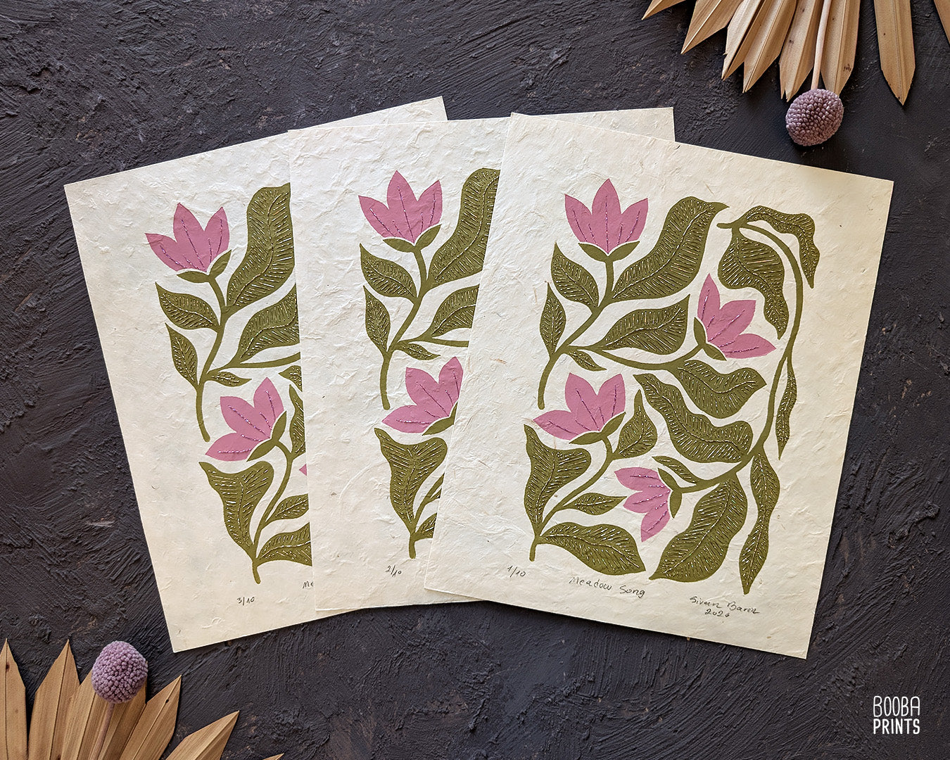 Floral Linocut Print Green & Pink "Meadow Song" ✷ LIMITED EDITION
