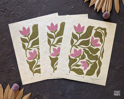 Floral Linocut Print Green & Pink "Meadow Song" ✷ LIMITED EDITION