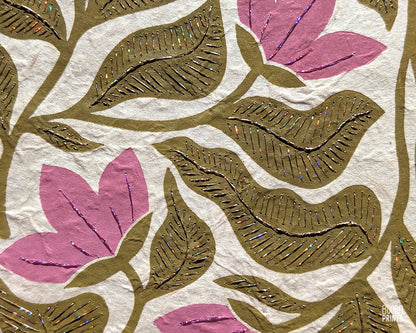 Floral Linocut Print Green & Pink "Meadow Song" ✷ LIMITED EDITION