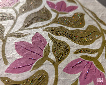 Floral Linocut Print Green & Pink "Meadow Song" ✷ LIMITED EDITION