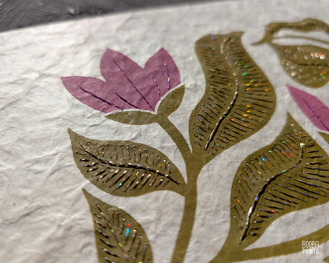 Floral Linocut Print Green & Pink "Meadow Song" ✷ LIMITED EDITION