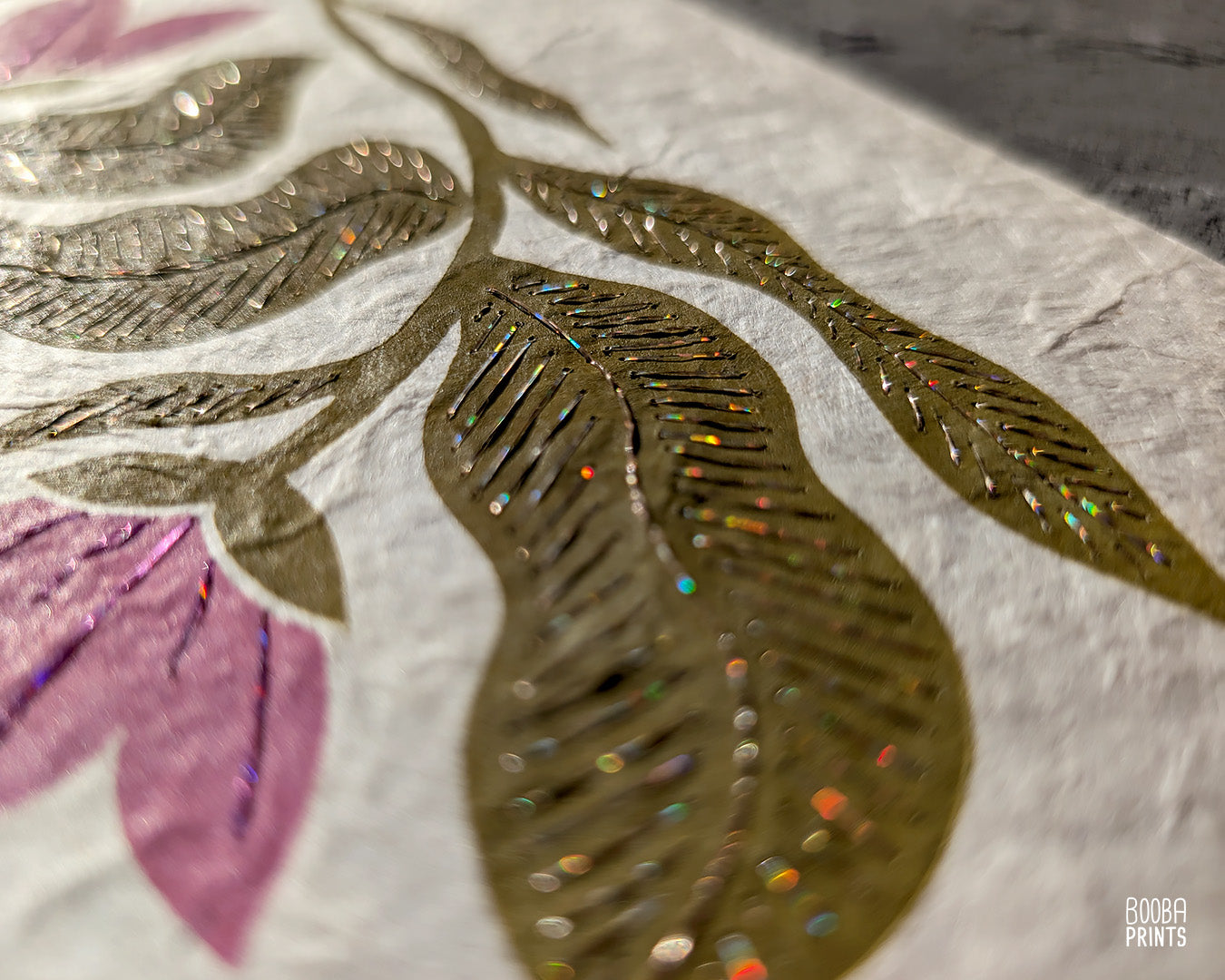 Floral Linocut Print Green & Pink "Meadow Song" ✷ LIMITED EDITION