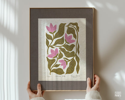 Floral Linocut Print Green & Pink "Meadow Song" ✷ LIMITED EDITION