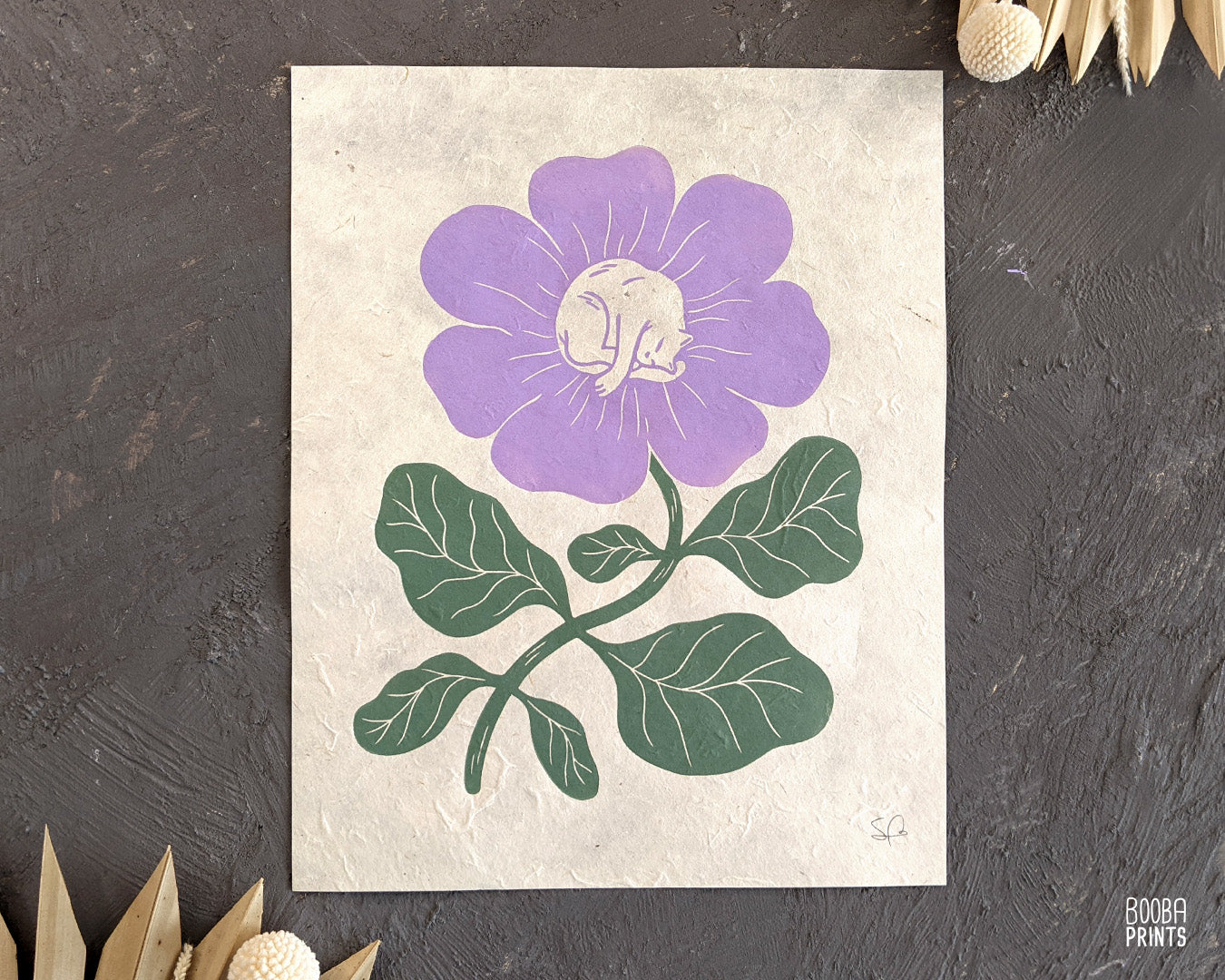 Handmade original linocut print of my Flower Cat design, printed in green and purple/mustard with oil based ink on natural Lokta paper. Gift for cat lover and flower lover. Perfect print for your home decor. Studio decor, cute boho print for home decor by Booba Prints