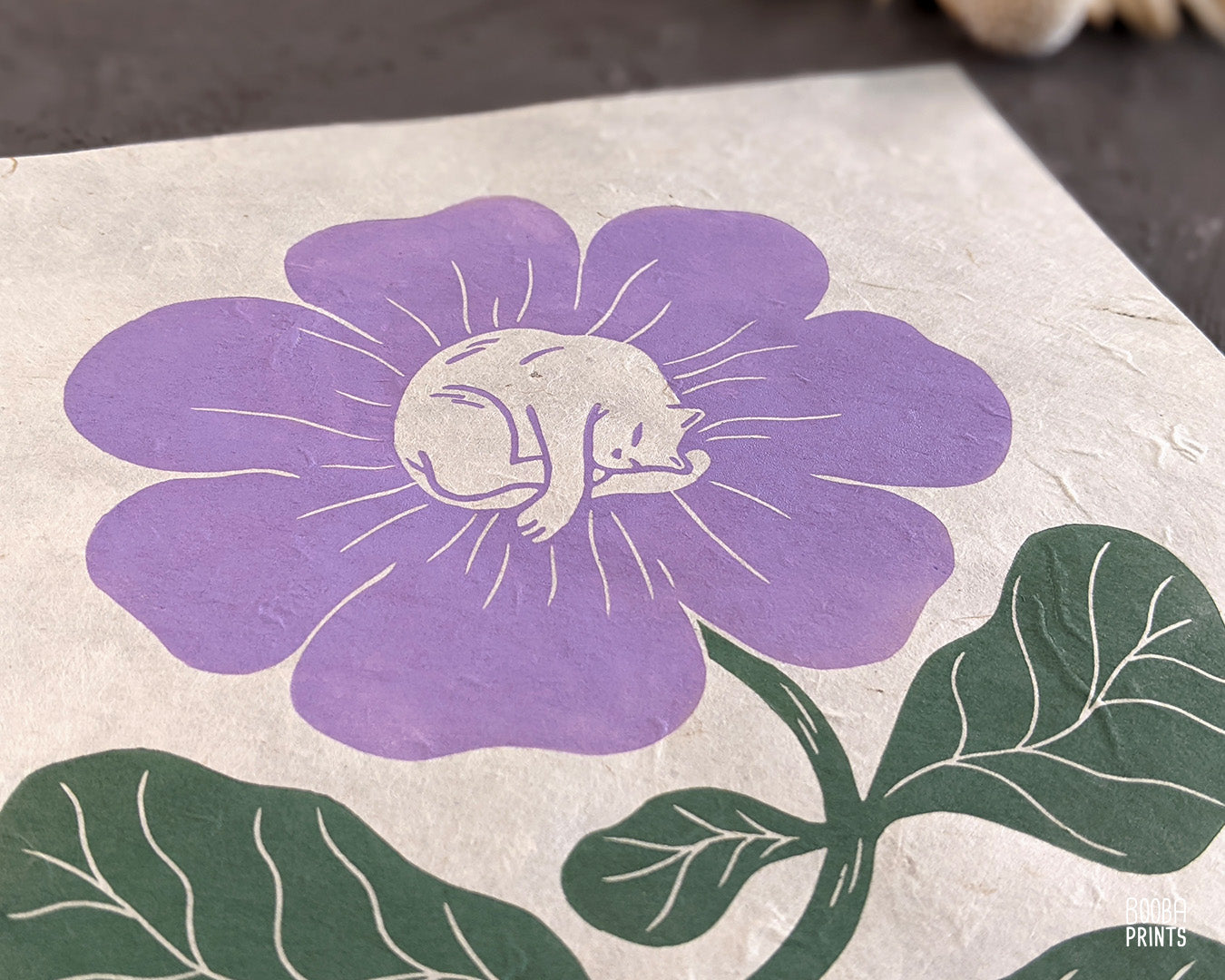 Handmade original linocut print of my Flower Cat design, printed in green and purple/mustard with oil based ink on natural Lokta paper. Gift for cat lover and flower lover. Perfect print for your home decor. Studio decor, cute boho print for home decor by Booba Prints