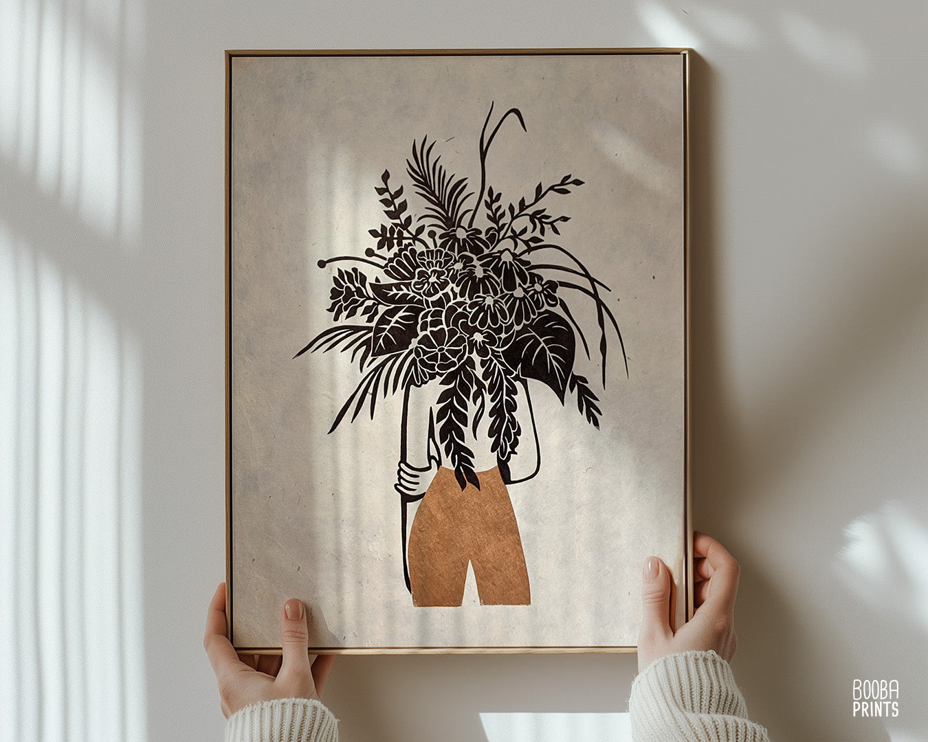 Handmade linocut print of my Flower Head Girl. 2 color original print in black and metallic copper. Printed with oil based ink on natural Lokta paper 55 gsm. Boho print for home decor. Flower lover print. Woman and flower print. Art by Booba Prints.