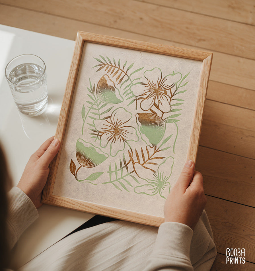 Limited Edition #7 Green & Gold Flowers Linocut Print