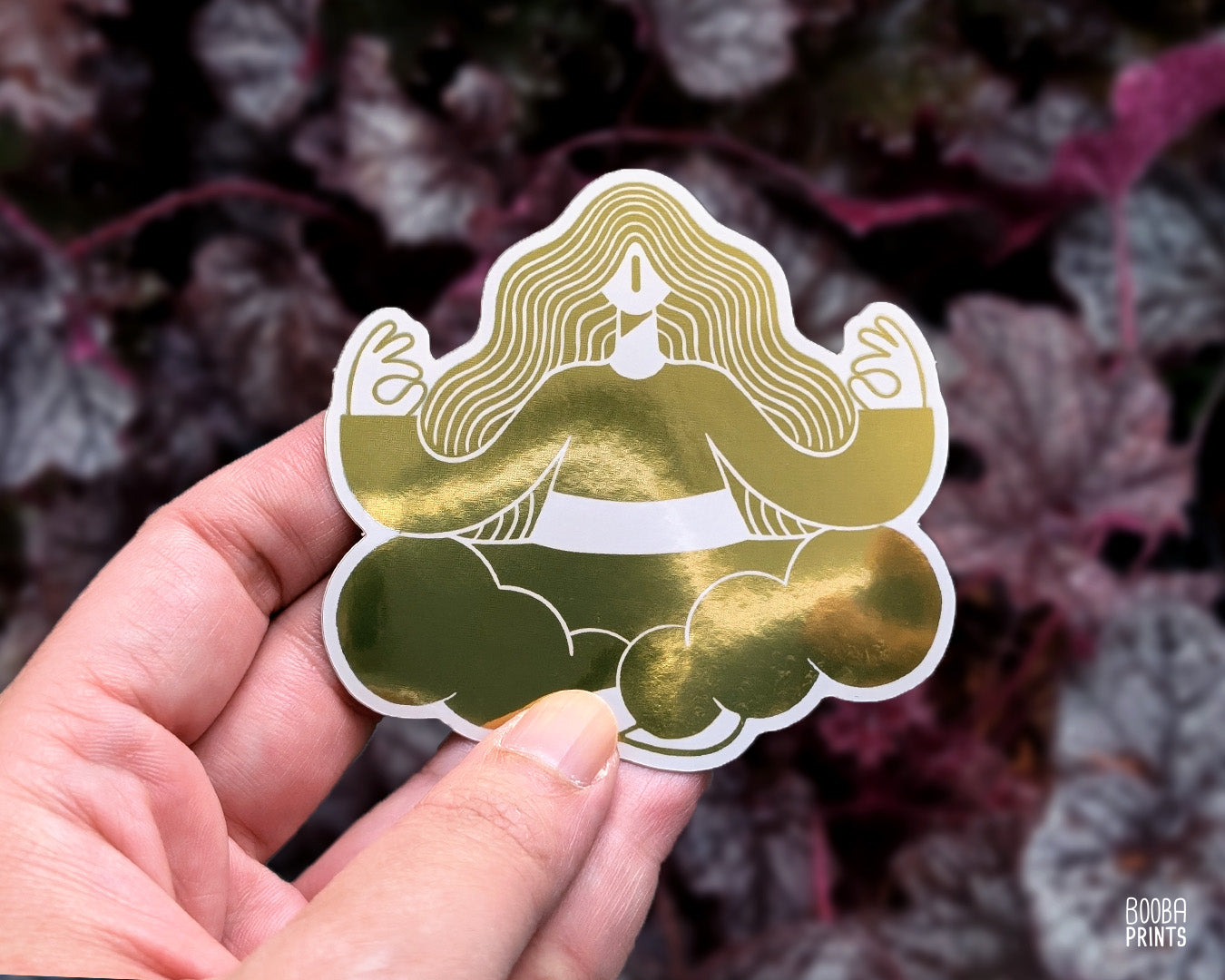 Gold Meditation, zen waterproof shiny mirror gold sticker. Self care sticker, beautiful gift for your friend who needs to meditate, reminder to balance and focus, Gold sticker by Booba Prints