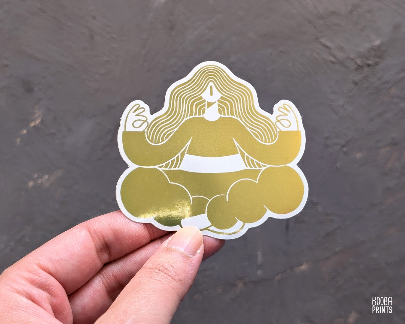 Gold Meditation, zen waterproof shiny mirror gold sticker. Self care sticker, beautiful gift for your friend who needs to meditate, reminder to balance and focus, Gold sticker by Booba Prints