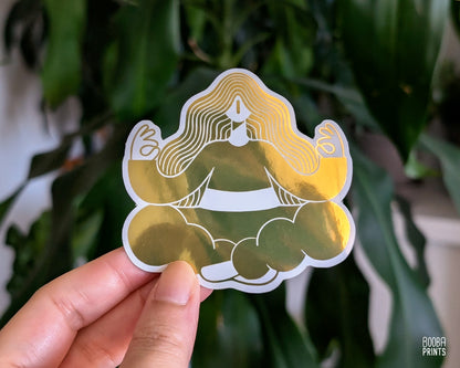 Gold Meditation, zen waterproof shiny mirror gold sticker. Self care sticker, beautiful gift for your friend who needs to meditate, reminder to balance and focus, Gold sticker by Booba Prints