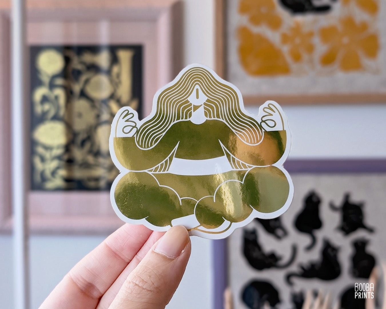 Gold Meditation, zen waterproof shiny mirror gold sticker. Self care sticker, beautiful gift for your friend who needs to meditate, reminder to balance and focus, Gold sticker by Booba Prints